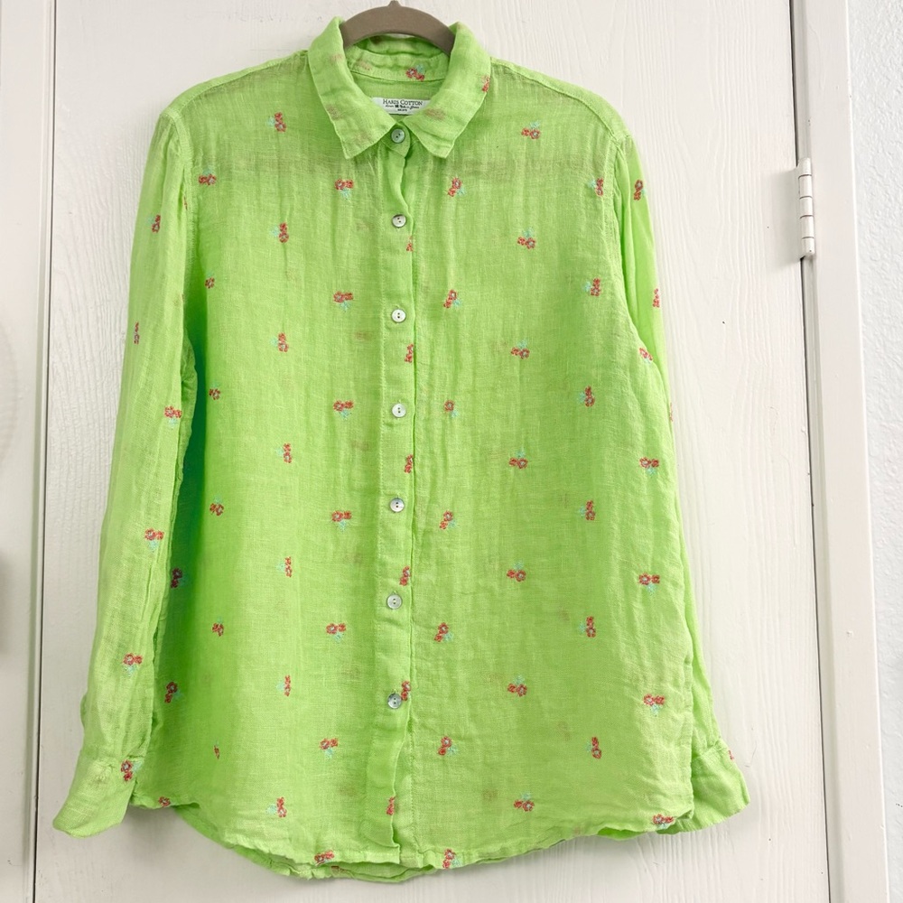 Haris Cotton 100% Linen Lime Green Embroidered Button Down Shirt Lightweight S